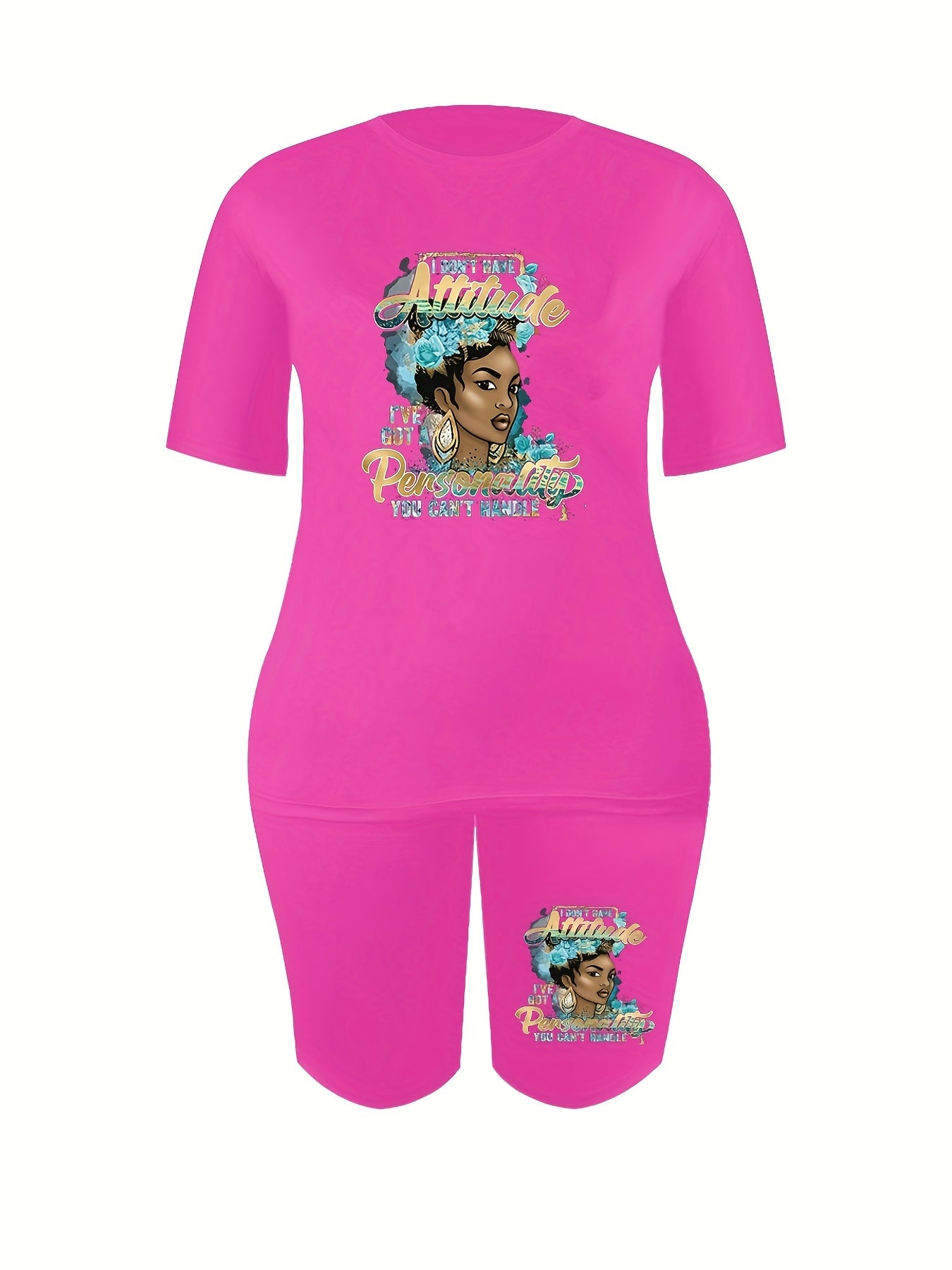 Women's Plus Figure & Letter Print Tee & Shorts Outfits 2pcs Set