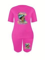 Women's Plus Figure & Letter Print Tee & Shorts Outfits 2pcs Set