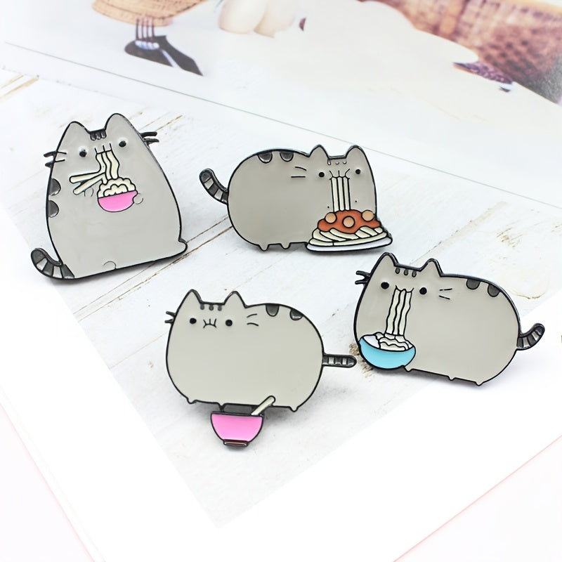 Cute Gray Cat Eating Noodle Brooch