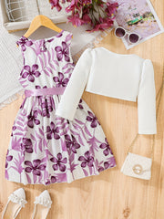 2pcs Dino Tank Dress & Cardigan Set for Girls - Floral Dinosaur Print Outfit