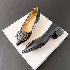 Women's Solid Pointed Toe Low Chunky Heel Slip On Shoes
