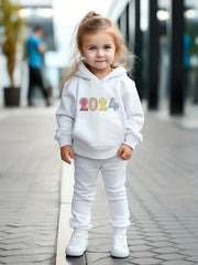 Girls Alphabets Pattern Hooded Sweatshirt Solid Sweatpants Set Kids Clothes