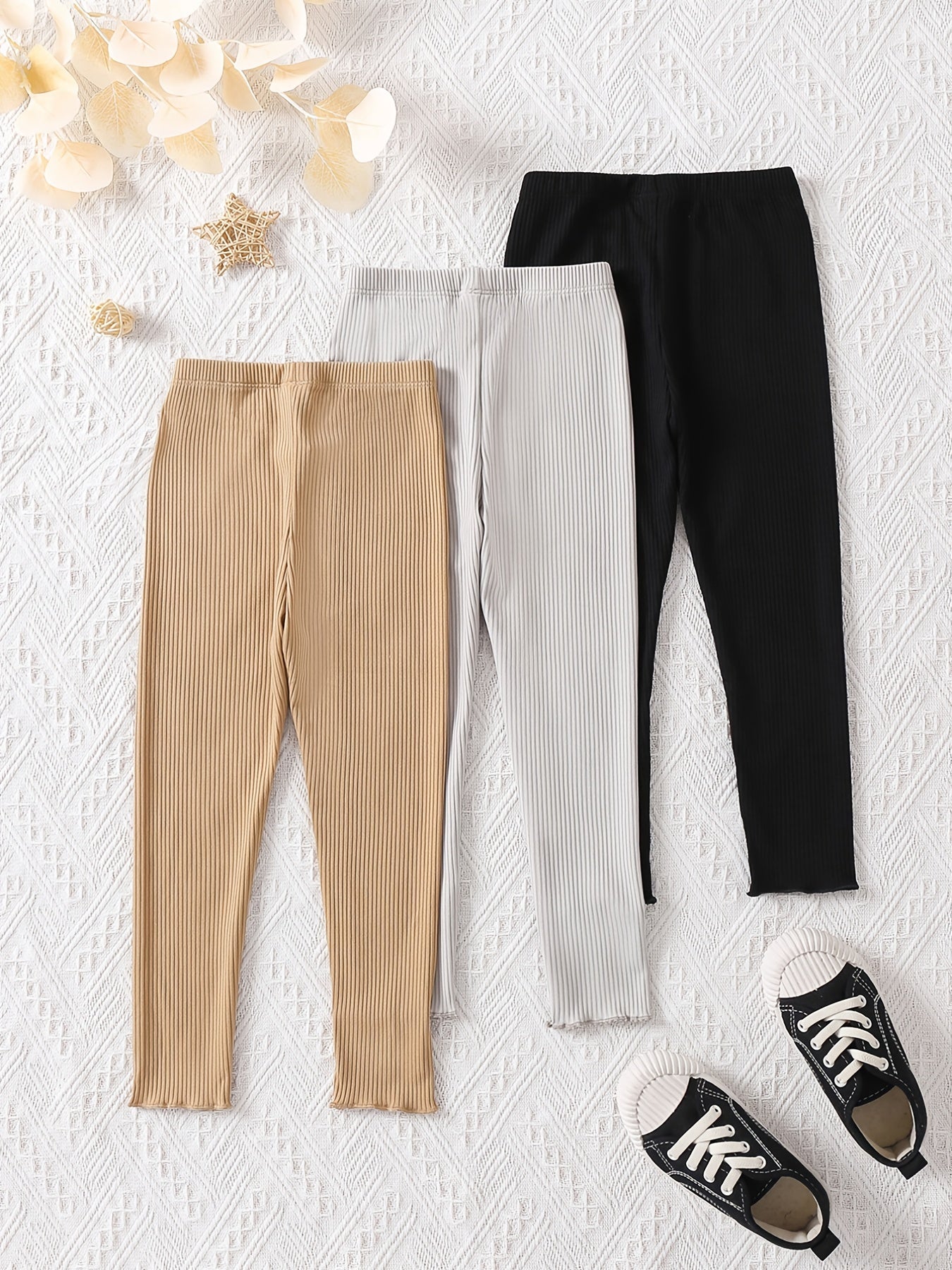 3pcs Girls Stretch Soft Leggings Footless Tights Solid Striped Pants