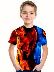 Boy's 3D Flame Graphic T-shirt Casual Breathable Tee for Summer