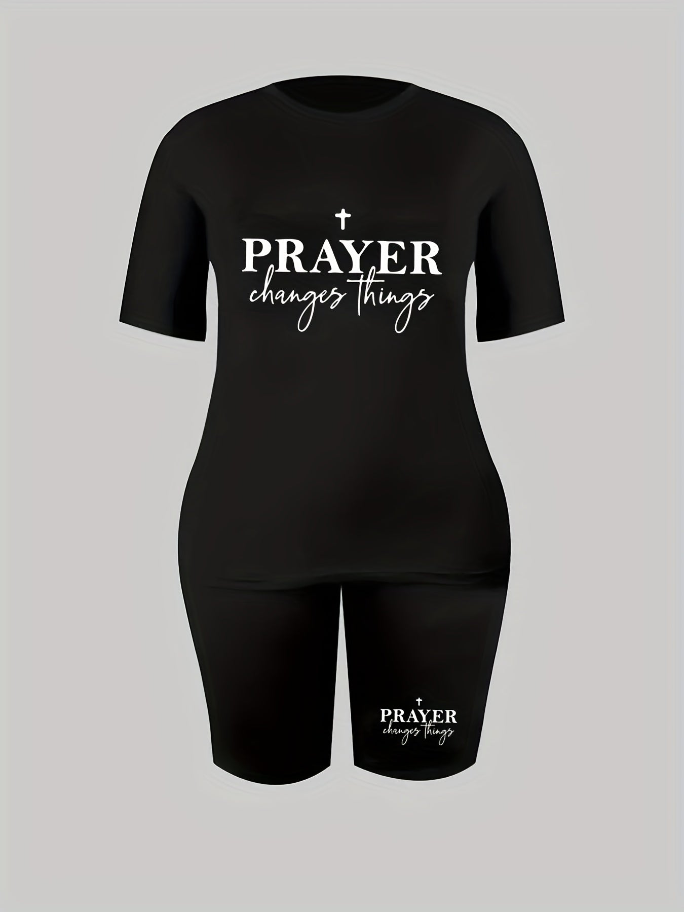 2 Piece Set Women's Cross & Slogan Print Top & Shorts