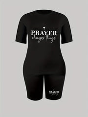 2 Piece Set Women's Cross & Slogan Print Top & Shorts