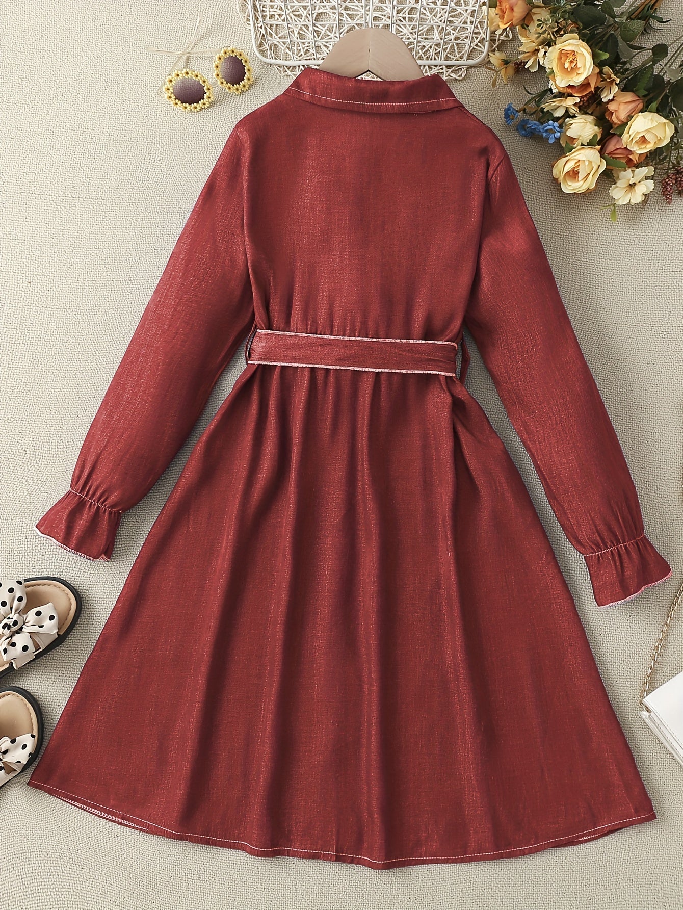 Girls' Faux Denim Long Sleeve Dress With Belt Comfy Long Dresses