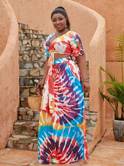Tie Dye Print Short Sleeve Crop Top & Maxi Skirt Set Plus Size