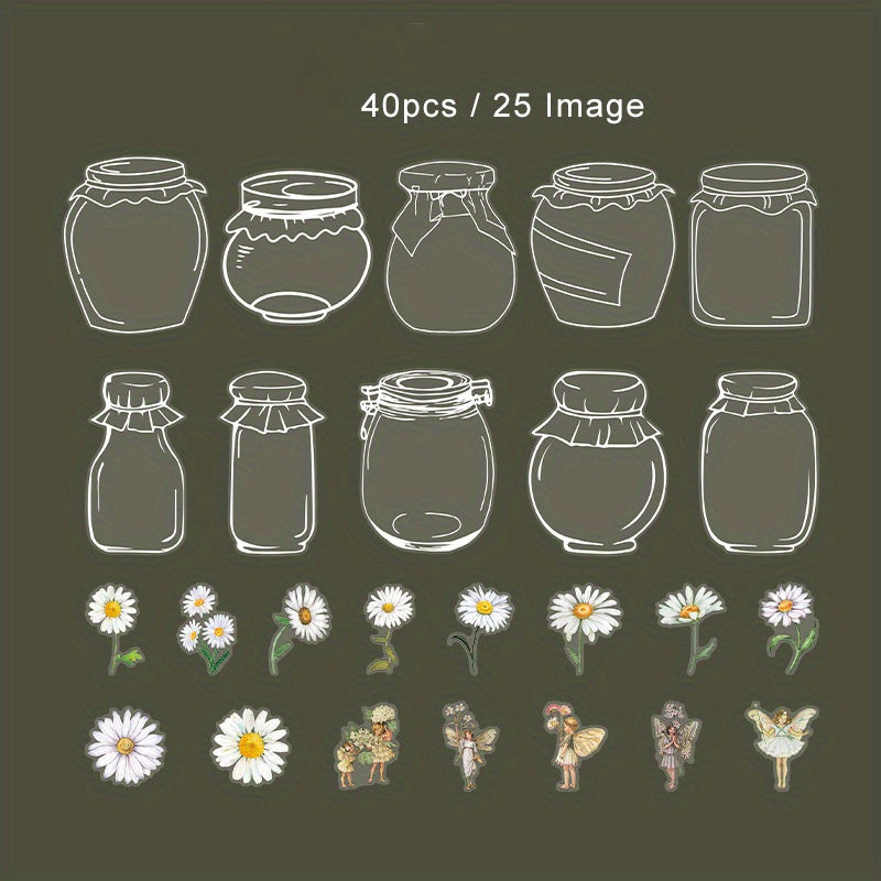 40pcs Transparent PET Jar Flower Fairy Stickers Decals Vintage Waterproof Bulk