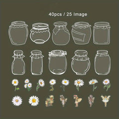 40pcs Transparent PET Jar Flower Fairy Stickers Decals Vintage Waterproof Bulk