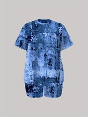 Women's Plus Denim Print Top & Shorts Outfits 2 Piece Set
