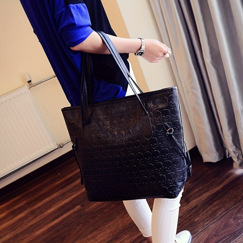 Women's Skull Embossed Tote Bag Large Capacity Shoulder Bag