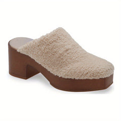 Chunky Heel Platform Mules Square Closed Toe Slip On Shoes