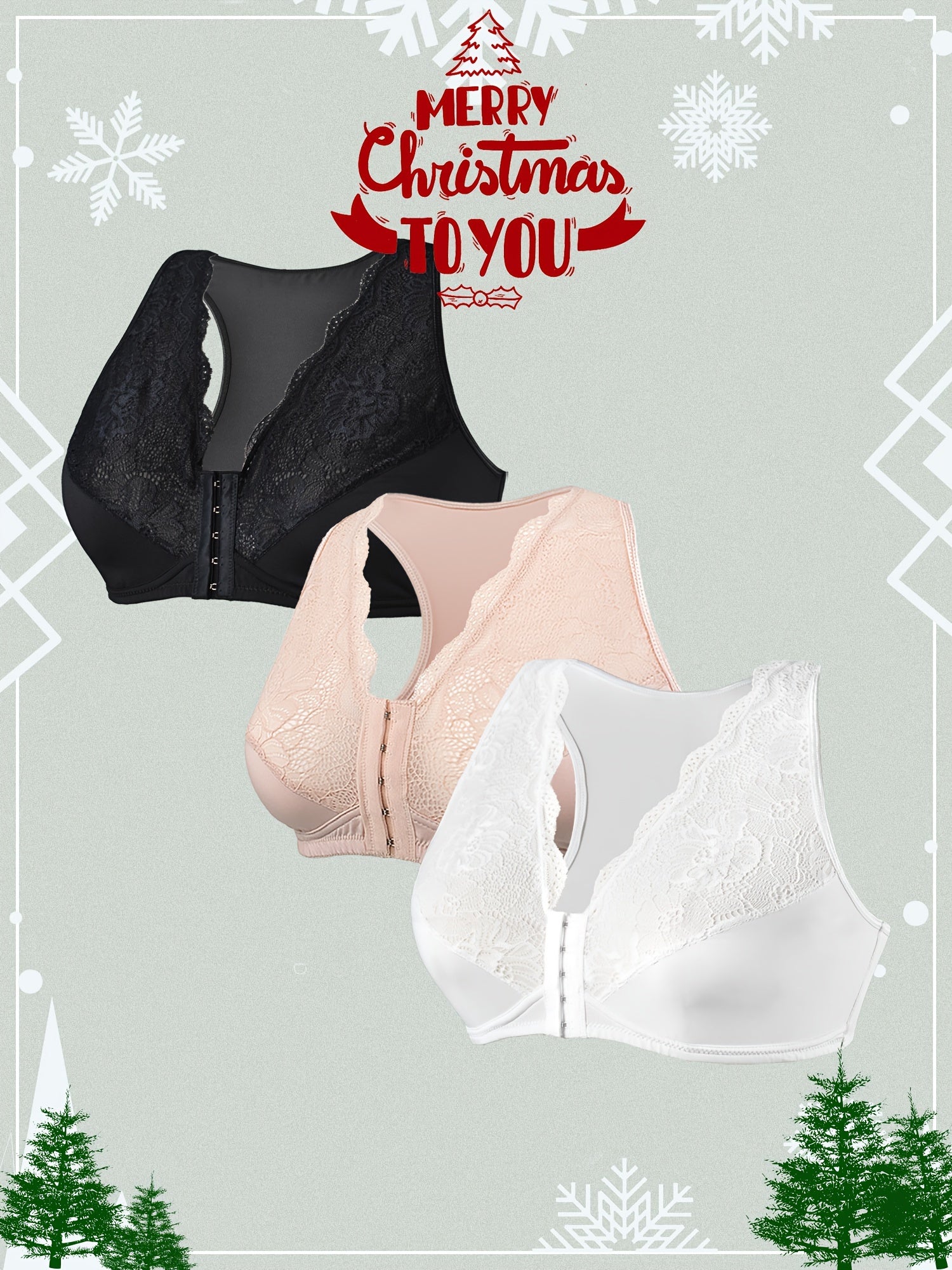 3 Pack Plus Size Front Closure Racer Back Lace Bra Set