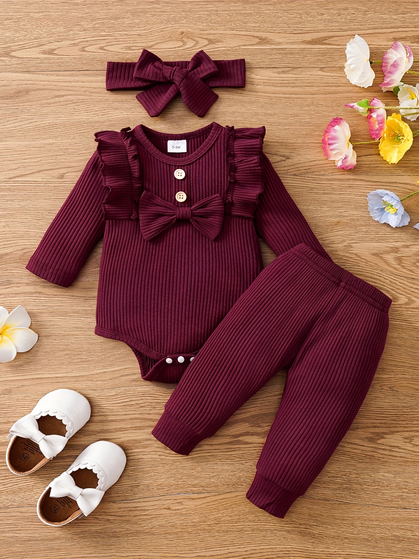 3pcs Baby Girls Bowknot Onesie & Pants & Headband Set