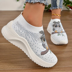 Women's Owl Graphic Rhinestone Sneakers Slip On Sock Shoes