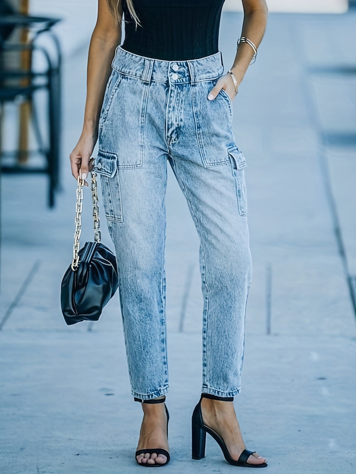 Flap Pockets Straight Jeans High Waist Non Stretch Cargo Pants