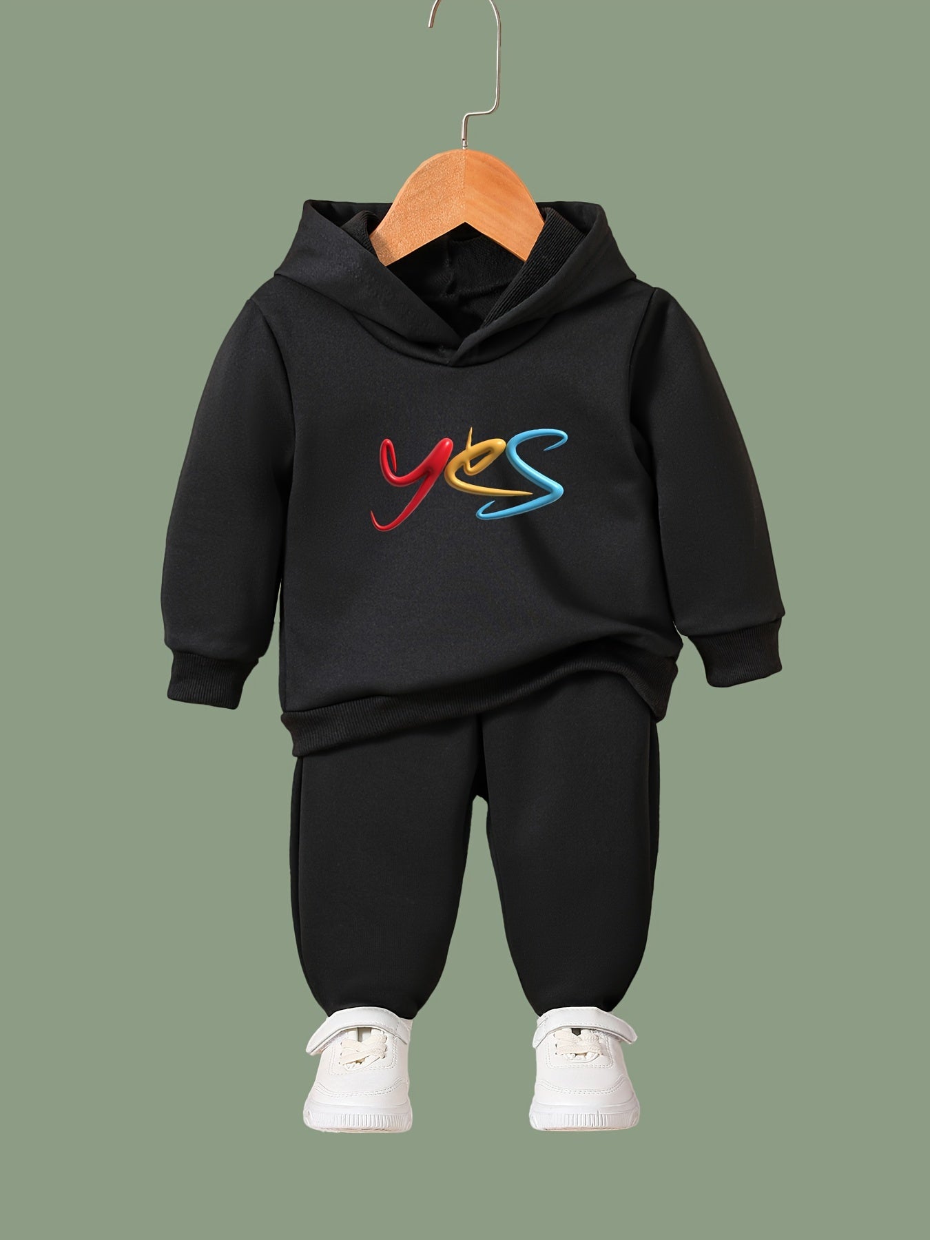 Girls Alphabets Pattern Hooded Sweatshirt Solid Sweatpants Set Kids Clothes