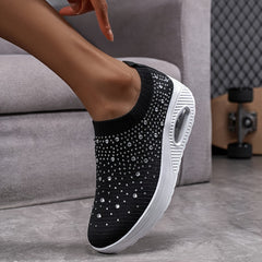 Women's Rhinestone Sporty Chunky Sneakers Fly Weaving Slip On Walking Shoes