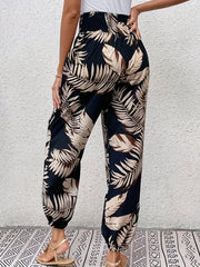 Leaf Print Stirred Waist Pants Boho Jogger Pants For Spring & Summer