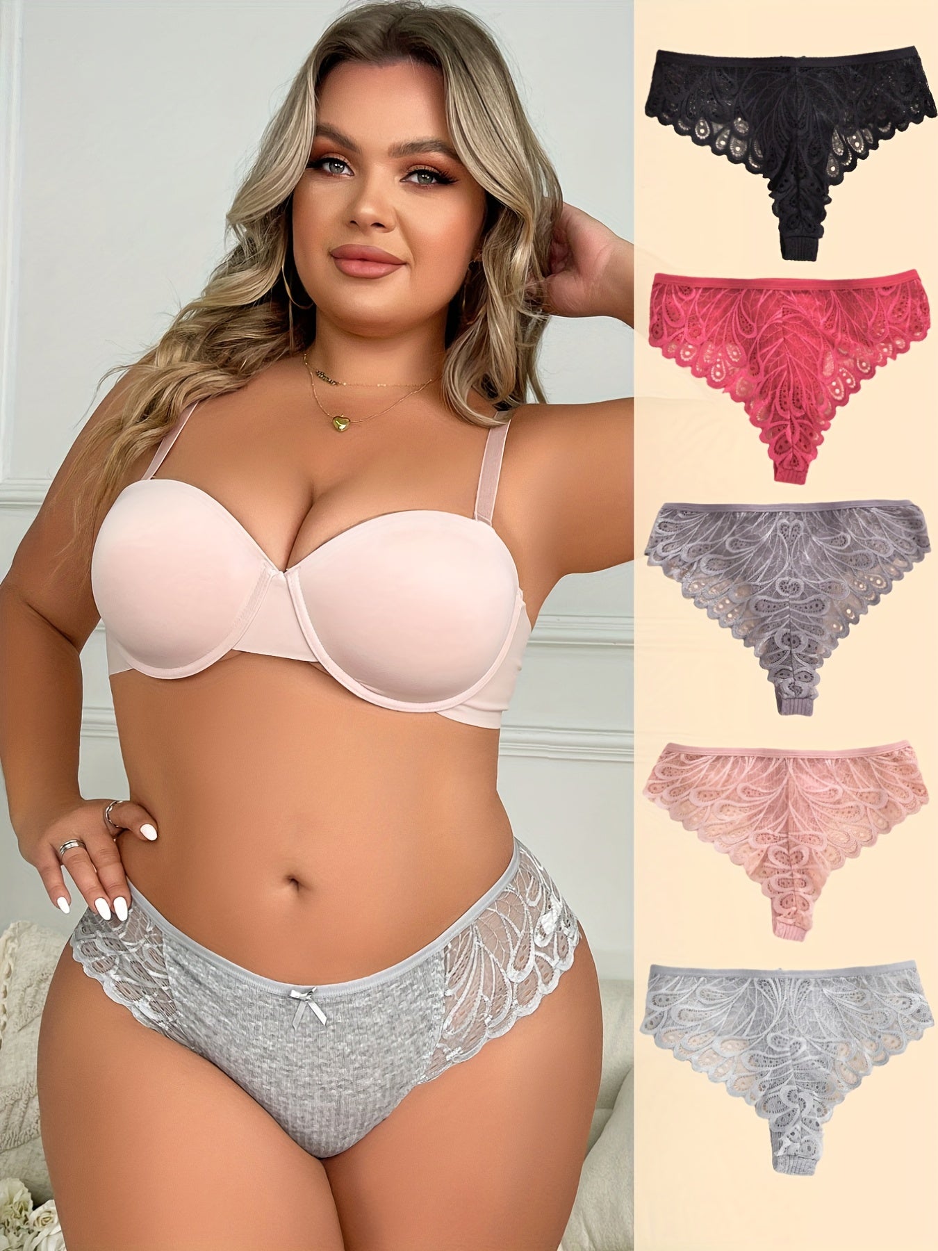 5 Pack Plus Size Panties Set Floral Jacquard Lace Ribbed Panties