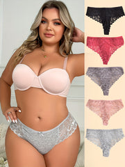 5 Pack Plus Size Panties Set Floral Jacquard Lace Ribbed Panties