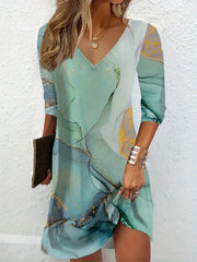 Marble Print Long Sleeve V Neck Stretch Mini Dress