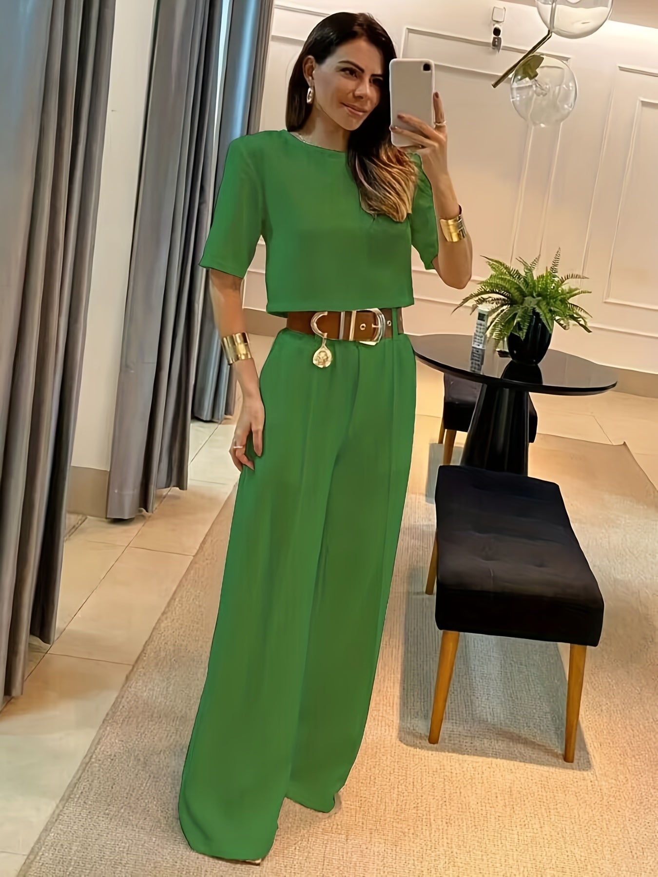 Solid Two-piece Set Short Sleeve Top and Wide Leg Pants