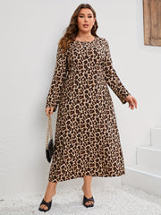 Women's Plus Leopard Print Long Sleeve Round Neck Maxi Dress