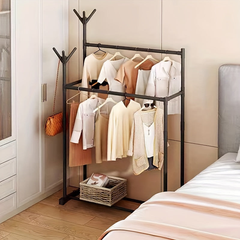 1pc Standing Clothes Rack with Lower Storage and Hooks, Double Bar Drying Rack