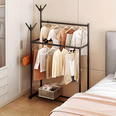 1pc Standing Clothes Rack with Lower Storage and Hooks, Double Bar Drying Rack