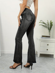 Whiskering Washed Boot Cut Jeans Slash Pocket Medium Stretch Flare Denim Pants