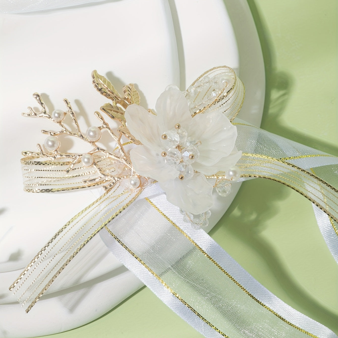 Mesh Bow Streamer Wristband Resin Flower Faux Pearl Crystal