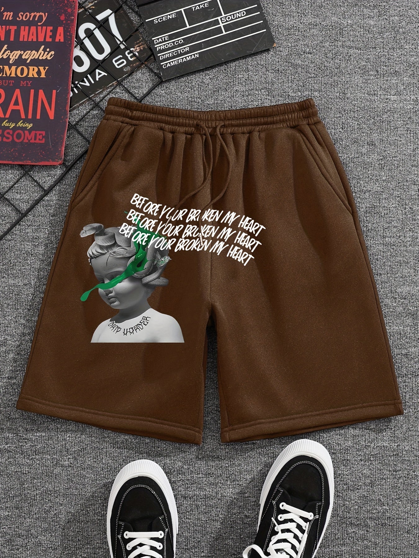 Snake & Child Statue Comfy Shorts Men's Casual Elastic Waist Drawstring Shorts