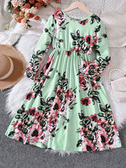 Girls' Retro Floral Print Long Sleeve Dress With Belt