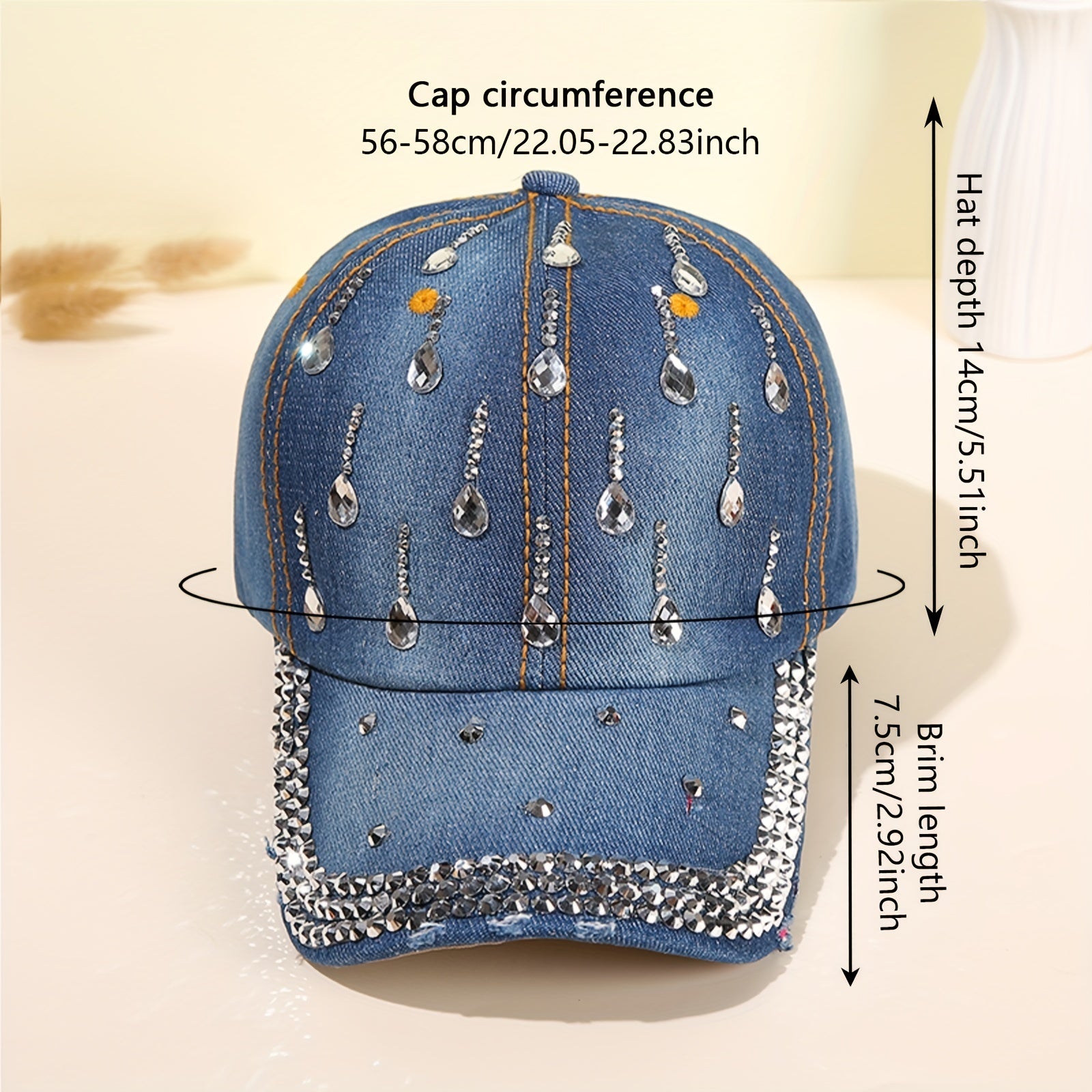 Rhinestone Decor Casual Baseball Cap Unisex Denim Washed Dad Hats