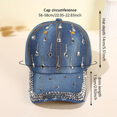 Rhinestone Decor Casual Baseball Cap Unisex Denim Washed Dad Hats
