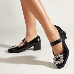 Rhinestone Mary Janes Ankle Strap Chunky Heel Shoes