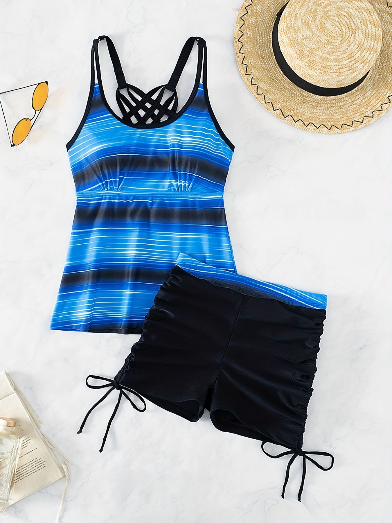 Striped Tankini Set Criss Cross Strap Boxer Short Swimsuit