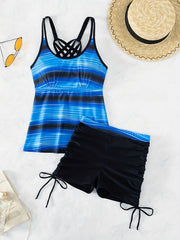 Striped Tankini Set Criss Cross Strap Boxer Short Swimsuit