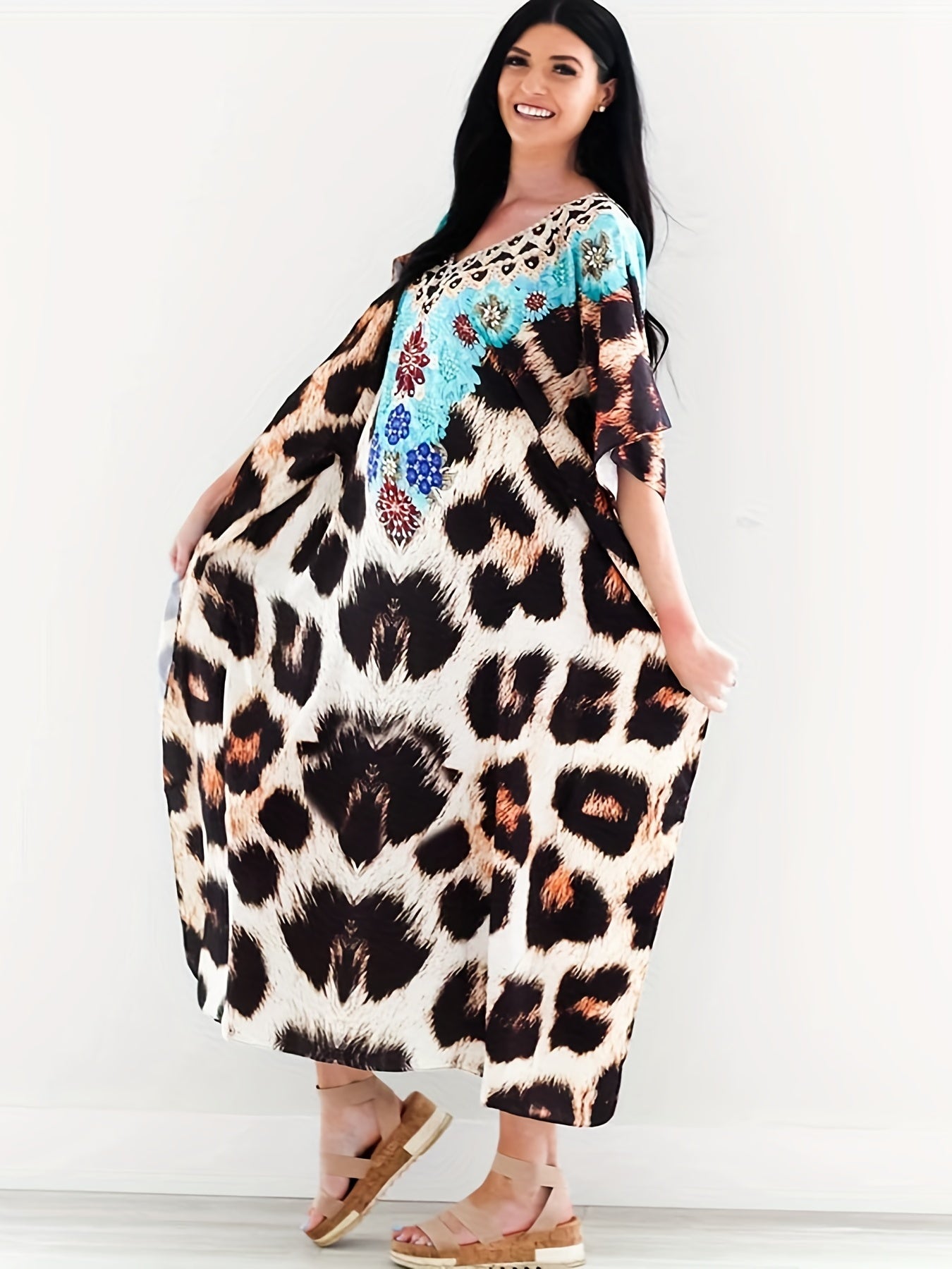 Leopard Print Bat Sleeve Split Cover Up Dress