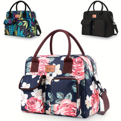 Insulated Lunch Bag Flower Pattern Shoulder Strap Keep Food Fresh