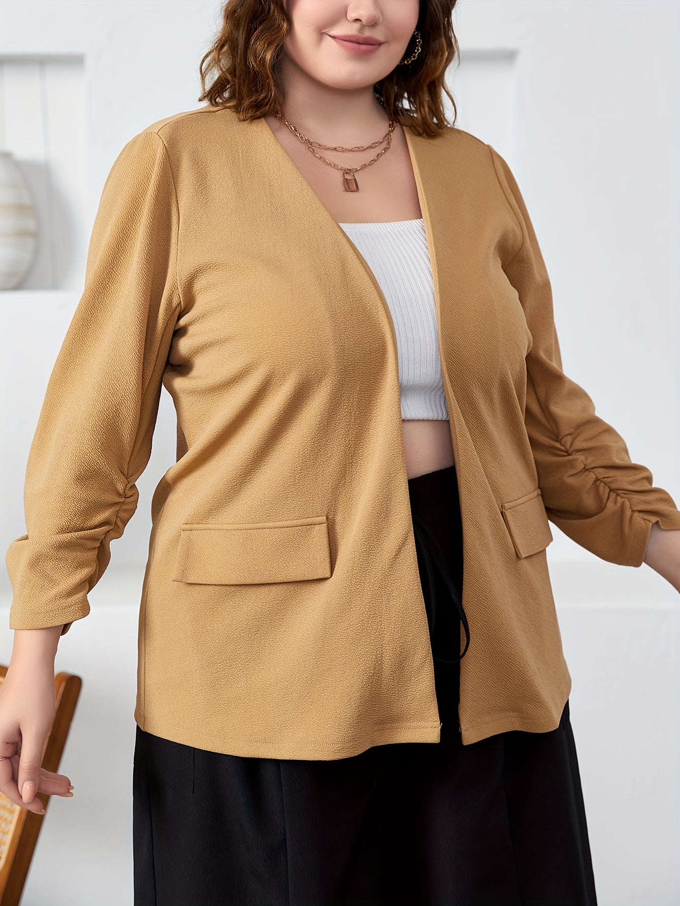 Blazer Women's Plus Solid Ruched Long Sleeve Open Front Blazer