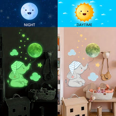 18pcs Luminous Baby Elephant Moon Star Children's Room Wall Sticker