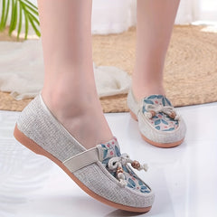 Women's Floral Printed Flat Shoes Comfy Bow Slip On Linen Shoes