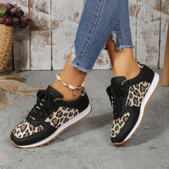 Leopard Print Lace Up Flat Sneakers Women's Non Slip Shoes