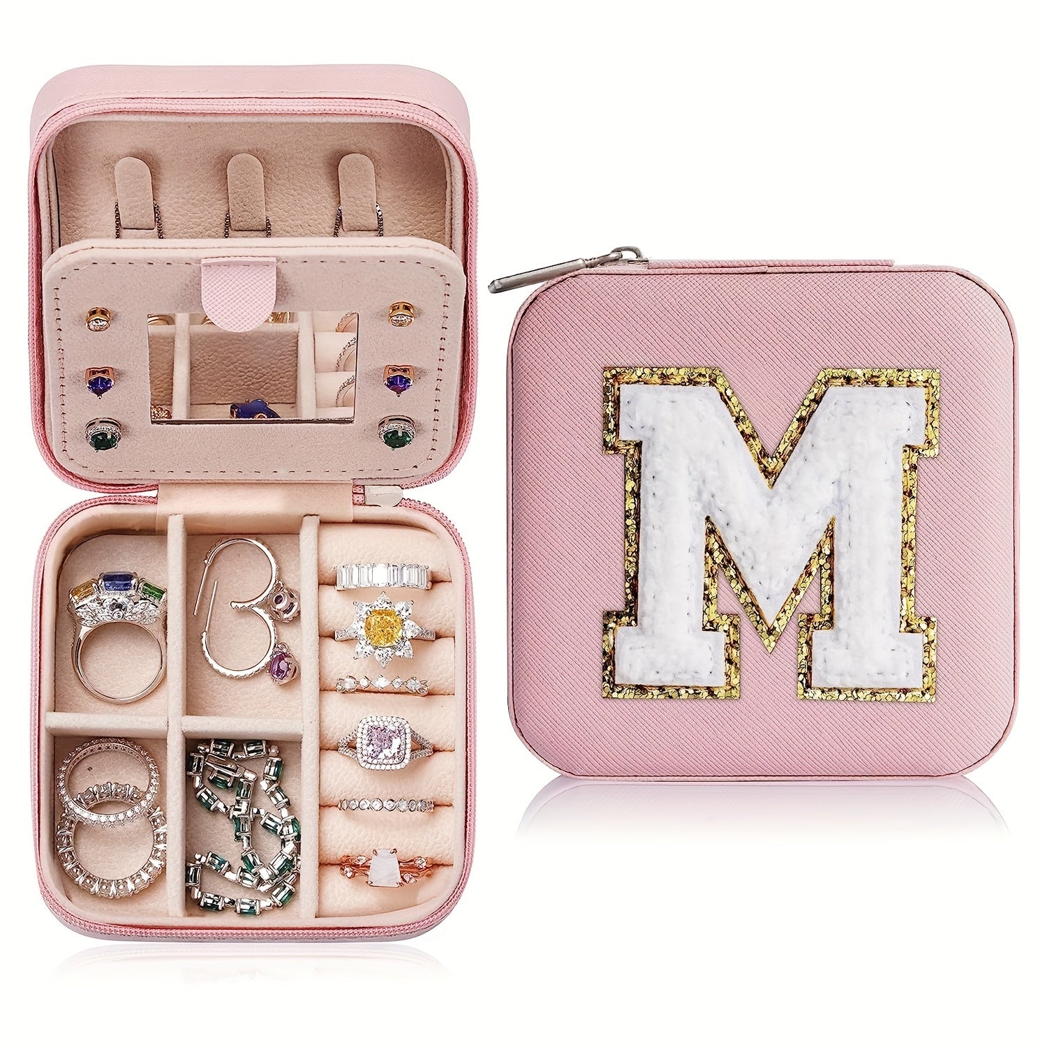 Personalized Initial Jewelry Organizer Travel Case Mirror Box for Teen Girls