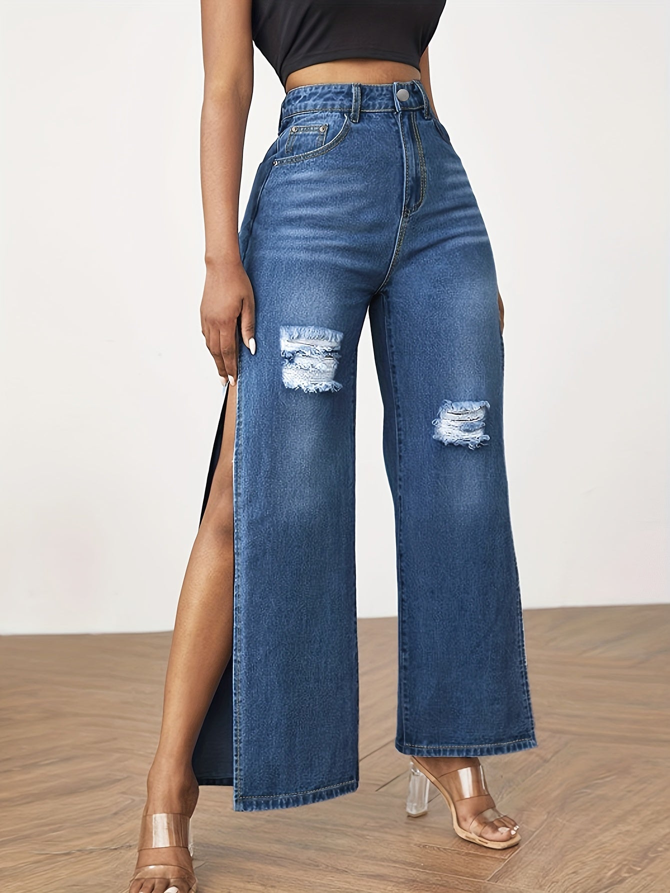 High Waist Split Denim Pants Distressed Wide Legs Jeans