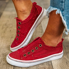 Women's Red Low Top Canvas Sneakers Round Toe Non Slip Walking Shoes