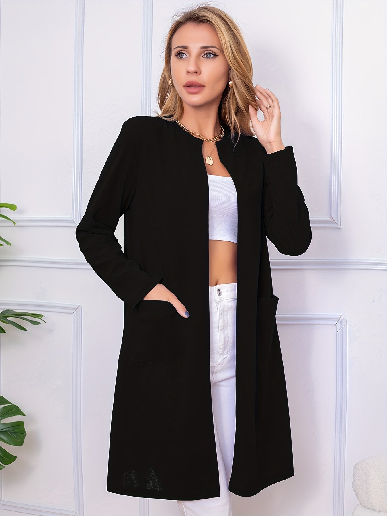 Long Open Front Coat Casual Solid Outerwear Women's Clothing